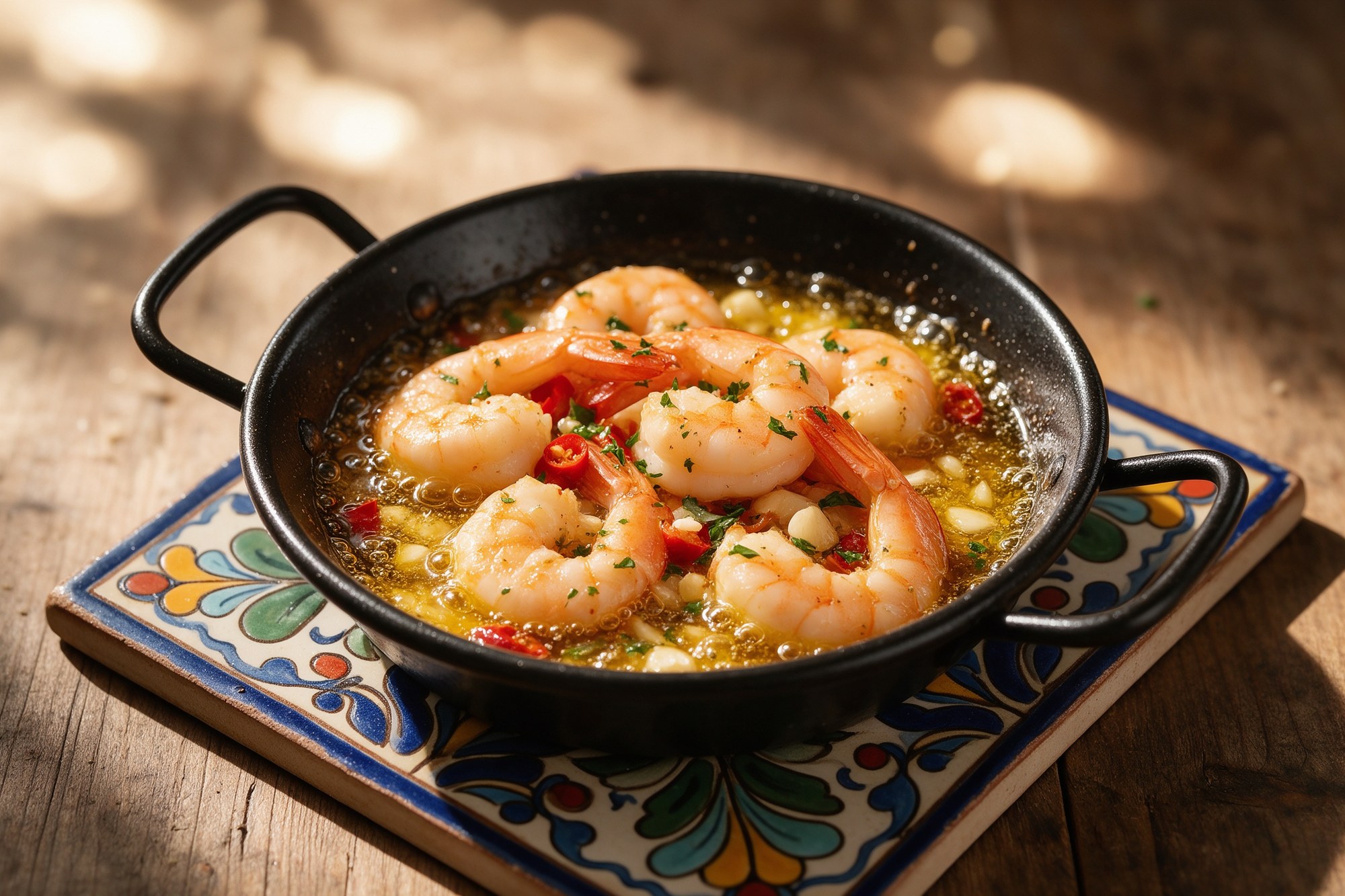 Gambas al ajillo en sartén de hierro sobre azulejo andaluz