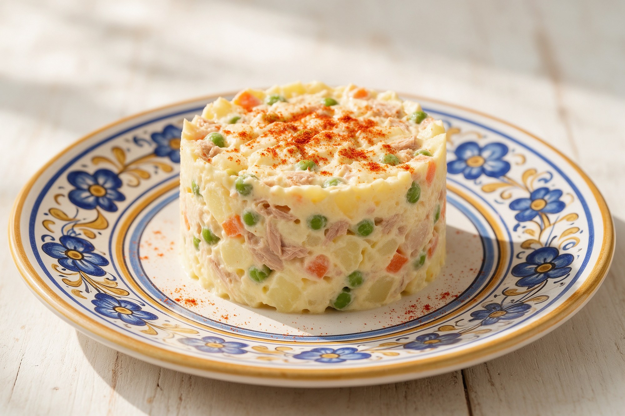 Ensaladilla rusa moldeada con pimentón sobre plato andaluz