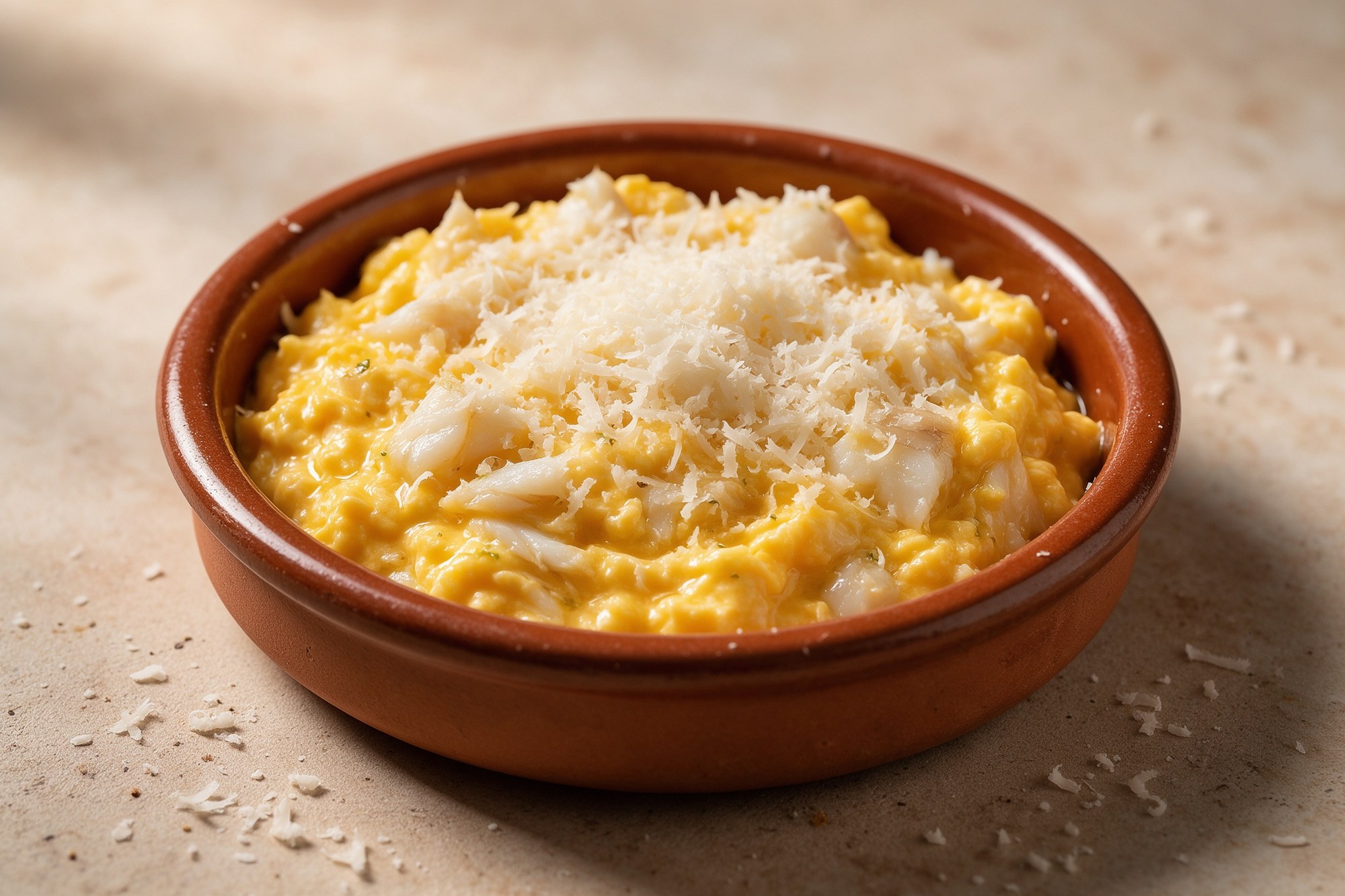 Revuelto de bacalao con queso rallado en cazuela de barro