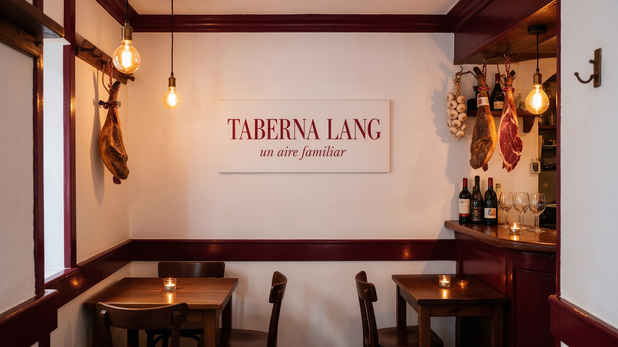 Placa 'Taberna Lang, un aire familiar' sobre pared encalada